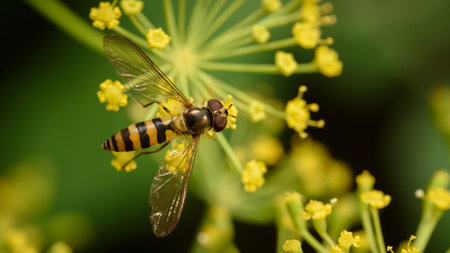 Beautiful insect on a delicate yellow flower. Anethum graveolens & Episyrphus balteatus.の写真素材