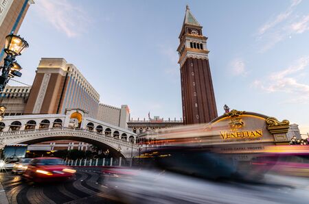 Long exposure of traffic driving past the Venetian Las Vegas hotel in Las Vegas, Nevada, USA on 15th August 2018のeditorial素材