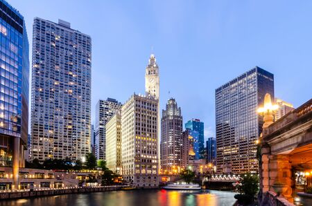 Long exposure of the Chicago River cityscape in Chicago, Illinois, USA on 17th August 2018のeditorial素材