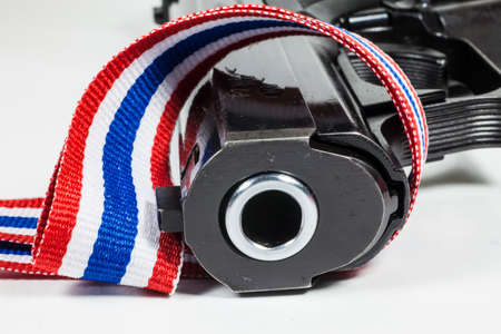 whistles with Thailand national flag lanyard on white backgroundの写真素材