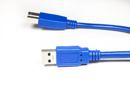 Blue USB cable on white background.
