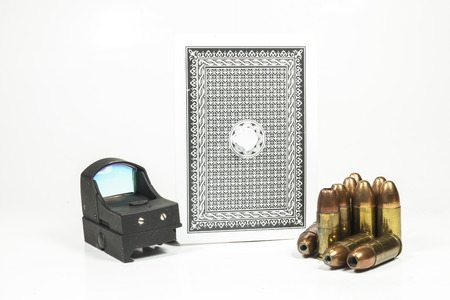 Pocky cards, ammunition, fishing, snooker  on white background.の写真素材