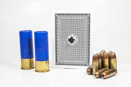 Pocky cards, ammunition, fishing, snooker  on white background.の写真素材