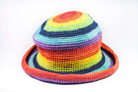 Colorful knitting wool hats On white backgroundの写真素材