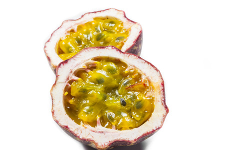 Fresh passion fruit on white backgroundの写真素材