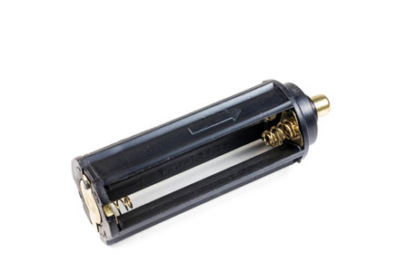 Battery pack adapter 3 x AAA to 1x18650 white background.の写真素材