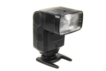 Camera flash on white background の写真素材