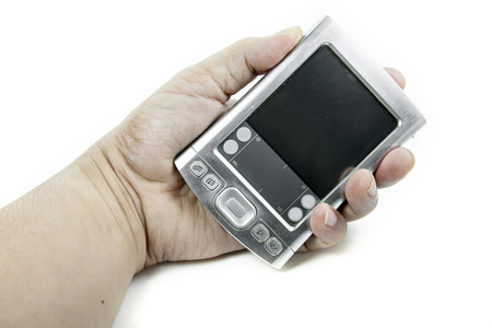 Hand with Pocket PC on white backgroundの写真素材