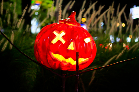 Halloween pumpkin head jack lantern in the night.の写真素材