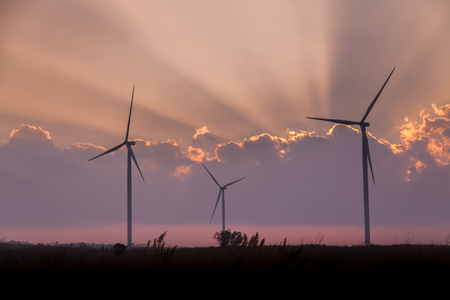 Wind turbine farm of silhouette at sunset.の写真素材