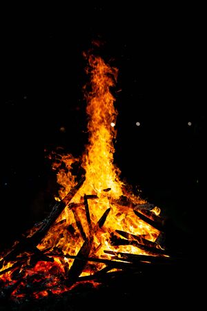 Bonfire that burns on a dark background, wood burning flame.