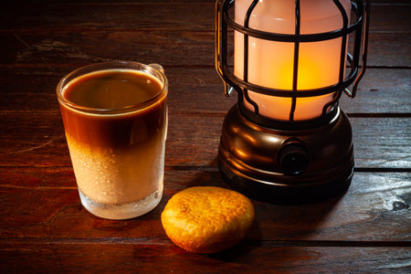 Coffee on vintage wooden table.の写真素材