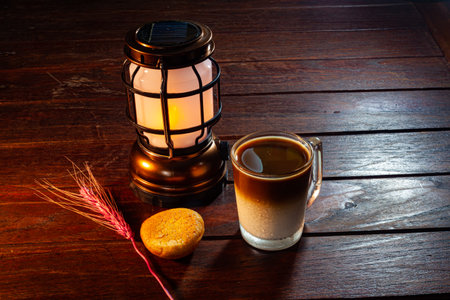 Coffee on vintage wooden table.