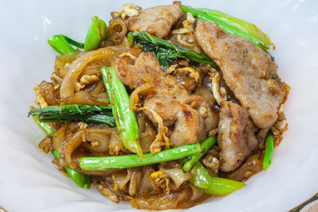 Stir fried rice noodles with soy sauce, Thai food Pad See Ew.の写真素材