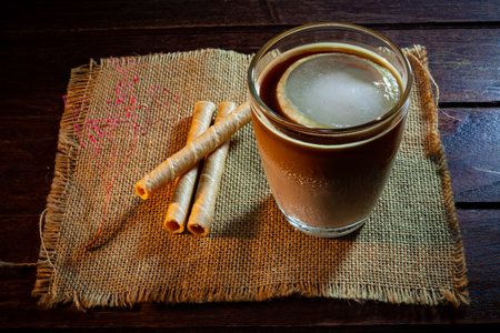 Coffee on vintage wooden table.の写真素材
