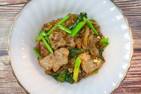 Stir fried rice noodles with soy sauce, Thai food Pad See Ew.の写真素材