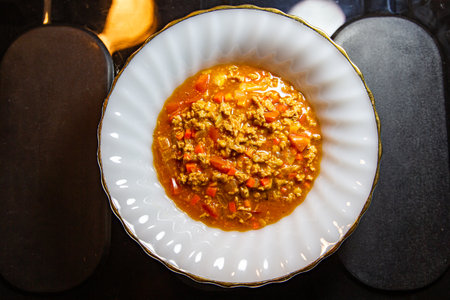 Minced pork noodles red soup.の写真素材