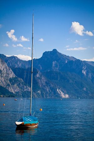Sailing ship on berth. Alpine lakesの写真素材
