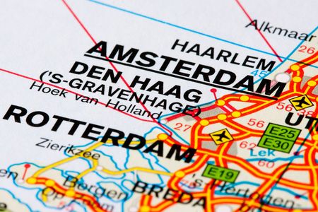 Close up of a road map between Dutch cities, The Netherlands. Swallow DOFの写真素材