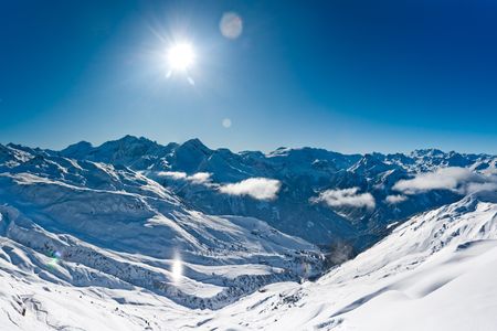 Panorama of winter mountains, Ski resort in French alps