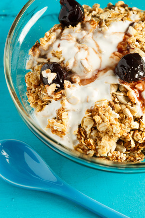 The breakfast cereal in the glass bowlの写真素材