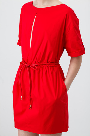 Beautiful Woman in Red Dress on Whiteの写真素材