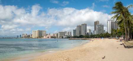 Sandy beach with hotels and resorts, shot on Waikiki Beach, Honolulu, Hawaii, USAの写真素材