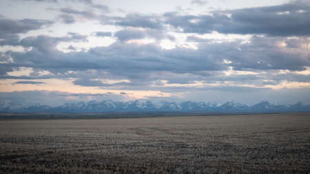 Mountain range shot during sunset with field in foreground, shot in Southern Alberta, Canadaの写真素材