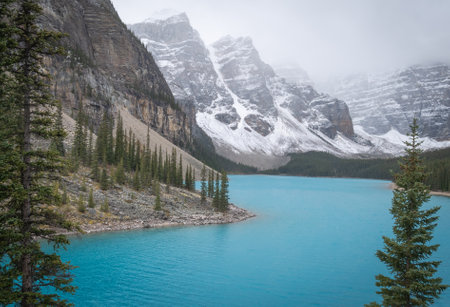 Beautiful glacier lake in Canadian Rockies, shot at Moraine Lake, Banff National Park, Alberta, Canadaの写真素材