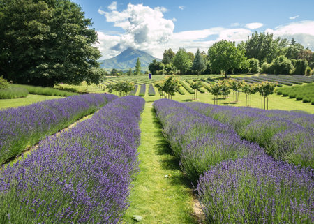 Blooming lavender fields on a sunny day with mountain in backdrop, shot in New Zealandの写真素材