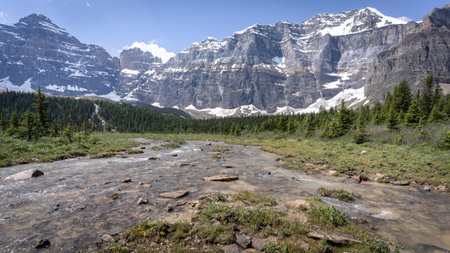 Scenic alpine valley with forest, river, mountains and blue sky in background ,Banff National Park,Canadaの写真素材