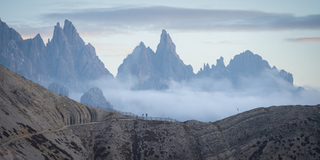 Vista on colorful sunset over sharp rocky mountains, Dolomites, Italyの写真素材