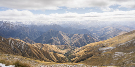 Beautiful alpine landscape with freshly snowed mountains, mountain ranges and a lake, New Zealand.