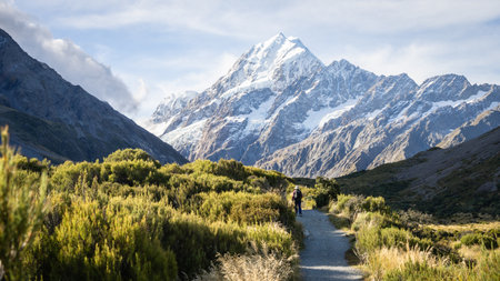 Tourist on the trail in beautiful alpine valley facing huge snowy mountain, Mt Cook, New Zealand