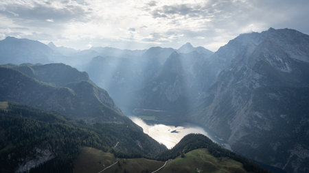 Alpine scenery with high rocky mountains and walls, and lake on its bottom, Germanyの写真素材