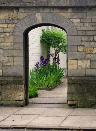 An arched gateway in a stone wall, leads to a courtyard where irises grow.の写真素材