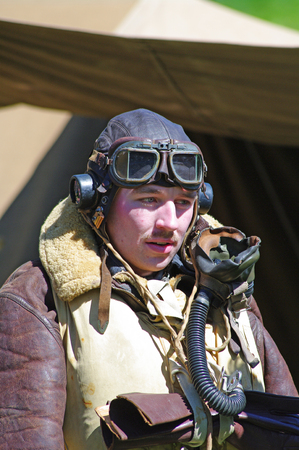 Lincoln, England - May 07, 2018: A reeenactor dressed as an RAF airman at an event celebrating 100...