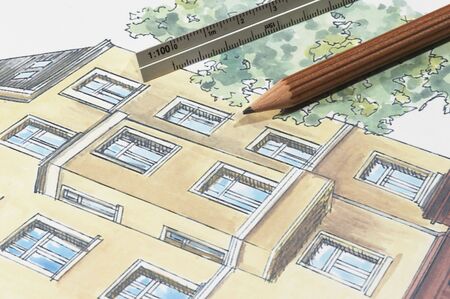 Colored plan of residential building, pencil, rulerの写真素材