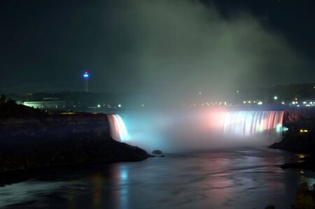 Niagara Falls - Horseshoe Falls (Canadian Falls) by night colorful floodlit from Canadian side, beautiful landscape and nightsceneの写真素材