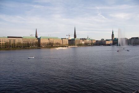 Inner Alster Hamburg with City Hall, Germanyの写真素材