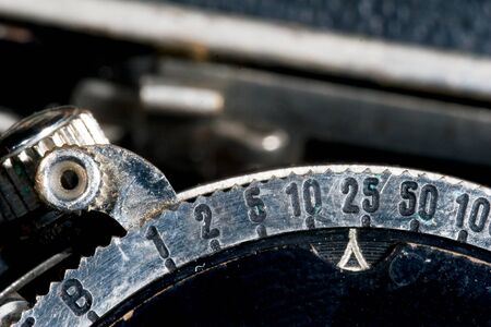 Shutter Speed adjustment at an old Camera with bellowの写真素材