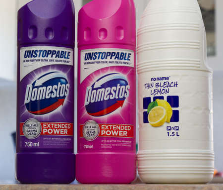 Bleach for sterilisation of home items and surfaces against coronavirus. Bleach is known to kill the virus which settles on surfaces such as in kitchensのeditorial素材