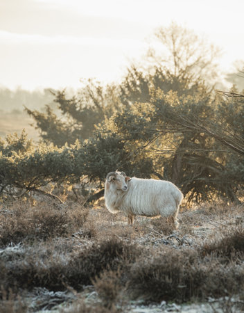 Sheep in morning sunlight in the natureの写真素材