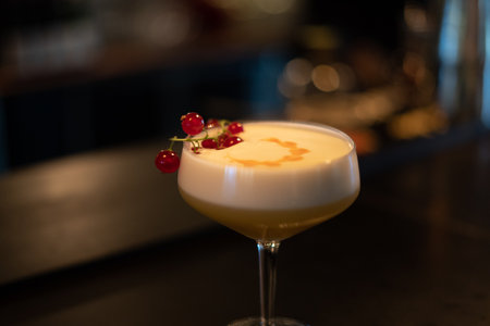 landscape photo of a cocktail at a bar with a cherry on topの写真素材