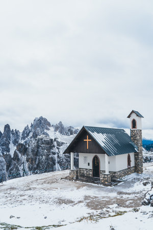 Small Church at Tre Cime Dreizinnen Dolomites South Tyrol Italyの写真素材