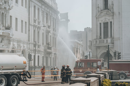 Lima, Peru - January 20, 2023: Police men on the streets at San Martin Squareのeditorial素材