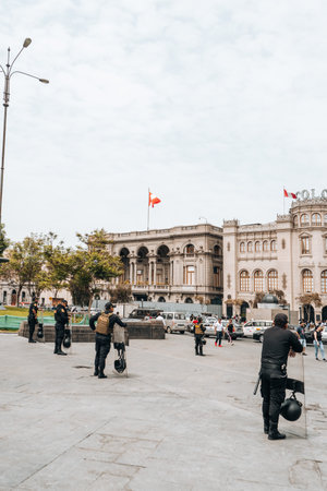 Lima, Peru - January 20, 2023: Police men on the streets at San Martin Squareのeditorial素材