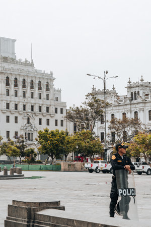 Lima, Peru - January 20, 2023: Police men on the streets at San Martin Squareのeditorial素材
