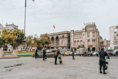 Lima, Peru - January 20, 2023: Police men on the streets at San Martin Squareのeditorial素材
