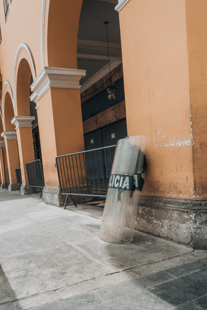 Lima, Peru - January 20, 2023: Police men on the streets at San Martin Squareのeditorial素材